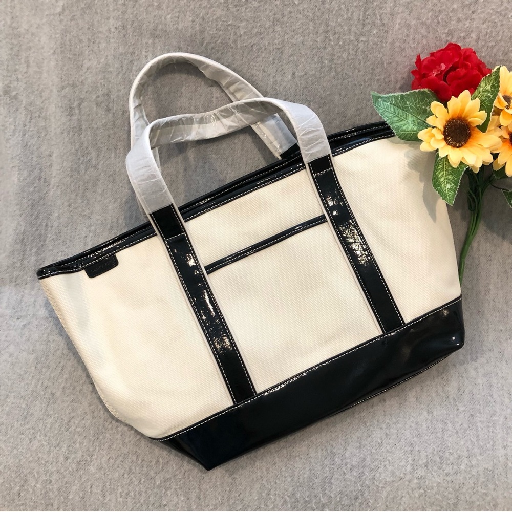 NWT - Lands' End Cream Canvas Tote with Black Patent Trim